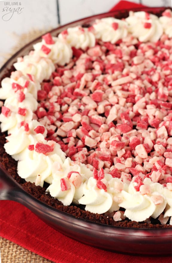 Brownie Brittle Peppermint Chocolate Pie in a pie plate