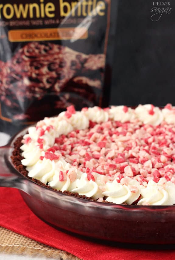 Brownie Brittle Peppermint Chocolate Pie in a pie plate
