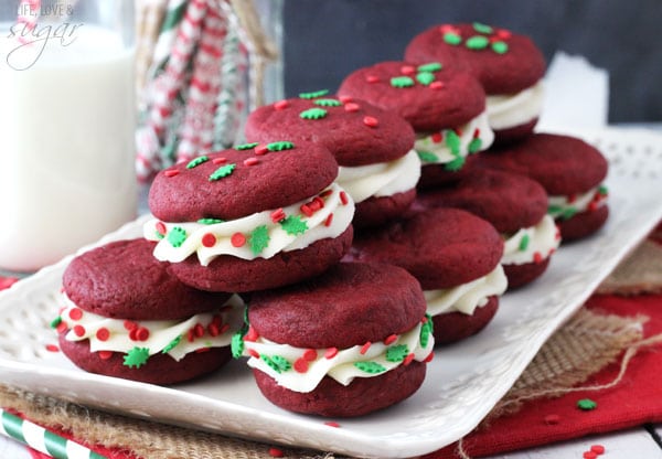 Red Velvet Cookie Sandwiches arranged on a tray