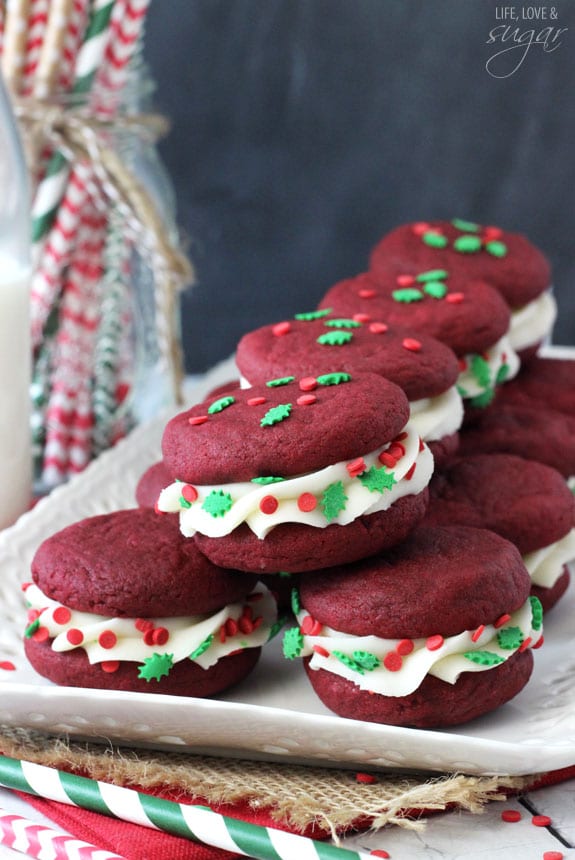 Red Velvet Cookie Sandwiches arranged on a tray