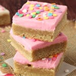 Frosted Sugar Cookie Bars pink frosting stacked