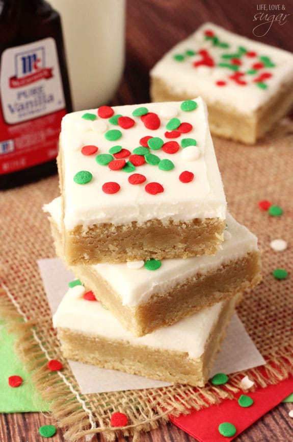 Christmas Frosted Sugar Cookie Bars in a stack