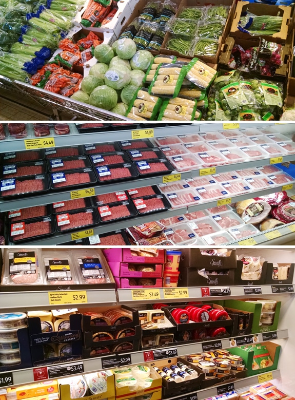 Aldi produce, meats and cheeses in the store