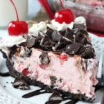 Chocolate Cherry Ice Cream Pie slice on white plate