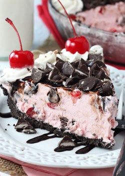 Chocolate Cherry Ice Cream Pie slice on white plate