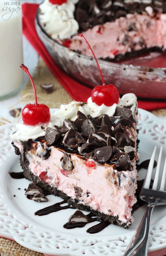 Chocolate Cherry Ice Cream Pie slice on a plate