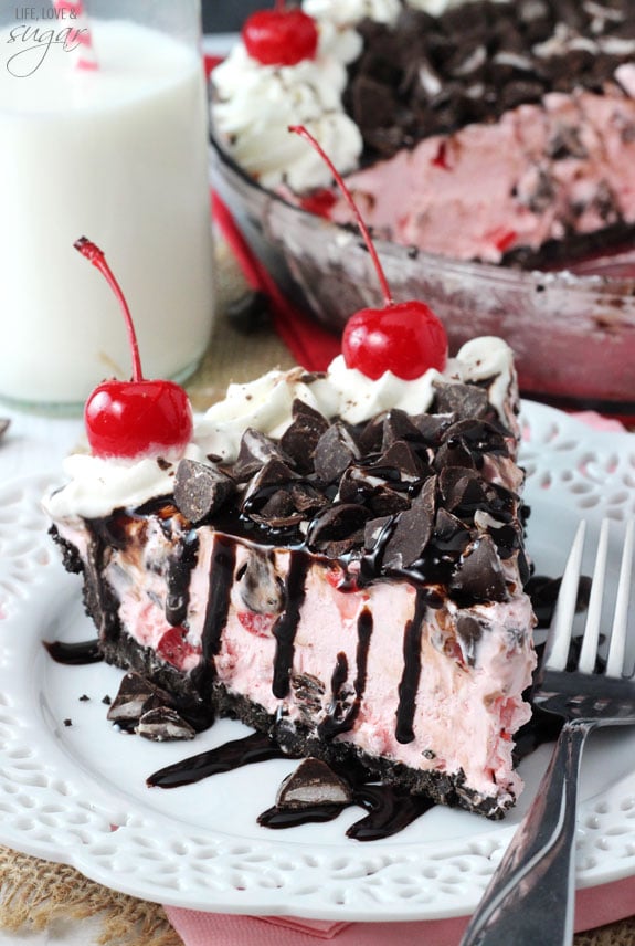 Chocolate Cherry Ice Cream Pie slice on a plate