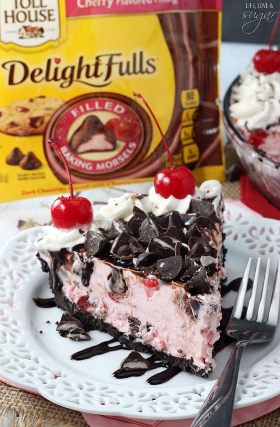 Chocolate Cherry Ice Cream Pie slice on a plate