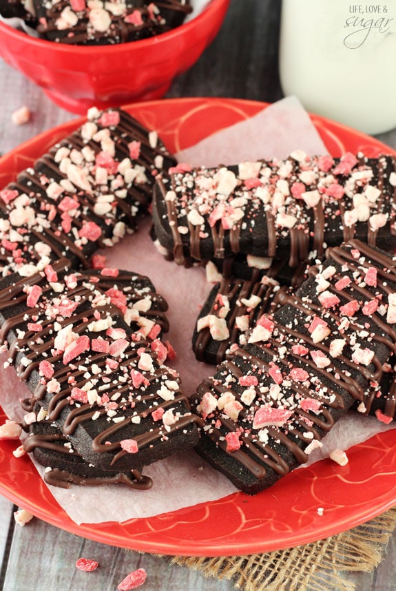 Chocolate Peppermint Shortbread Cookies on a plate