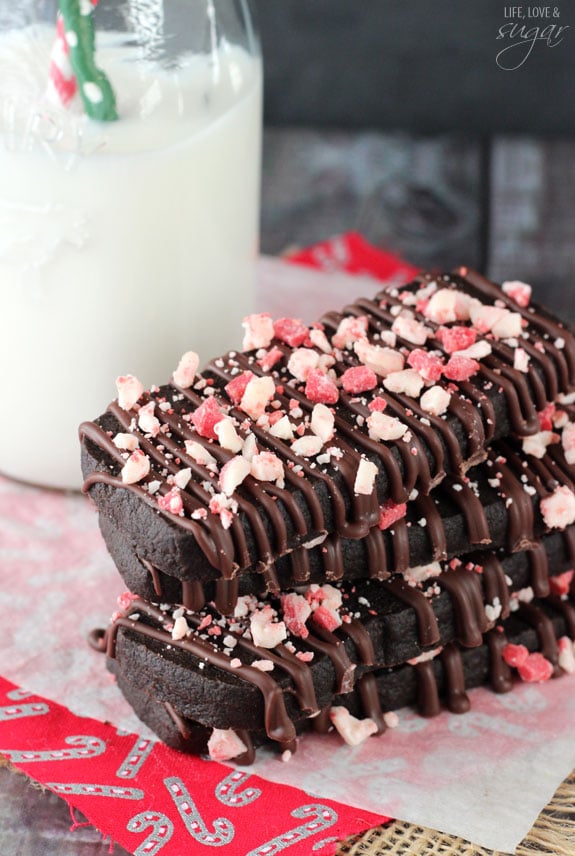 Chocolate Peppermint Shortbread Cookies stacked on wax paper