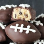 Chocolate Chip Cookie Dough Footballs with bite taken