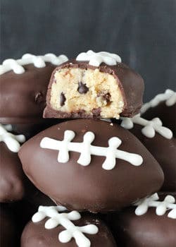 Chocolate Chip Cookie Dough Footballs with bite taken
