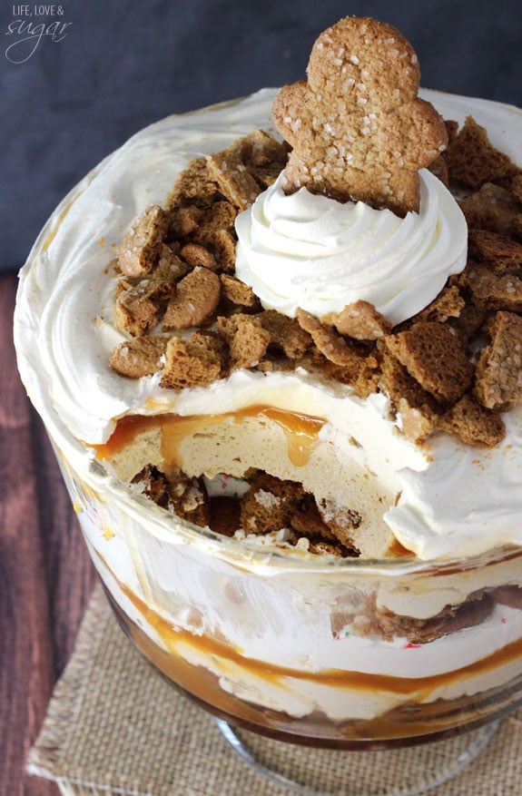 Overhead view of Gingerbread Cheesecake Trifle with a scoop removed