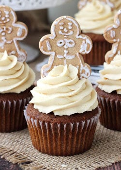 Gingerbread Cupcakes with Caramel Molasses Cream Cheese Icing on burlap