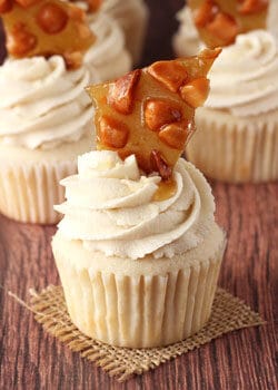 Baileys Macadamia Brittle Cupcake on burlap