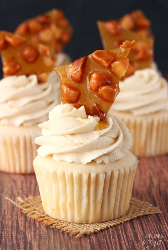 Close up of a Macadamia Brittle Cupcake on a square piece of burlap