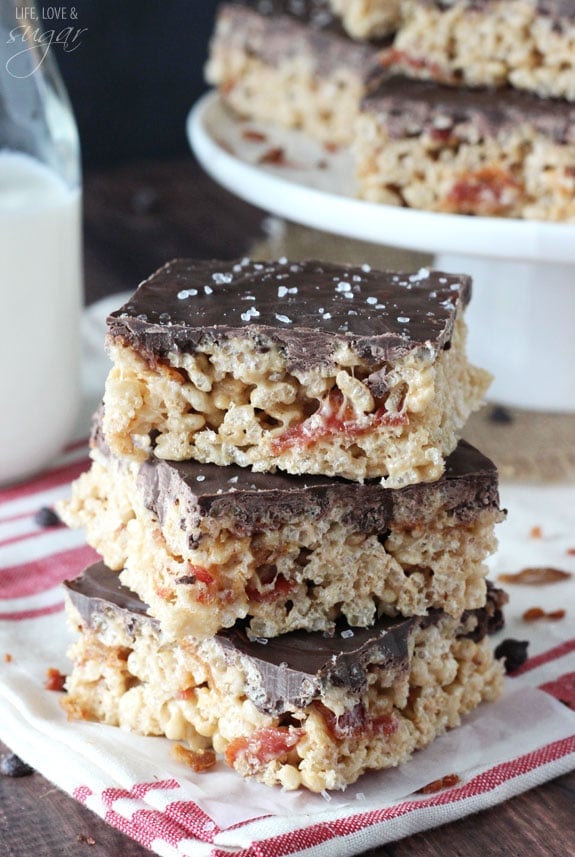 Maple Bacon Rice Krispie Treats stacked