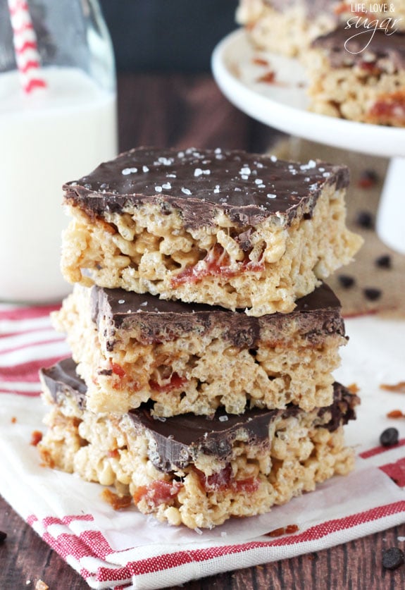 Maple Bacon Rice Krispie Treats stacked