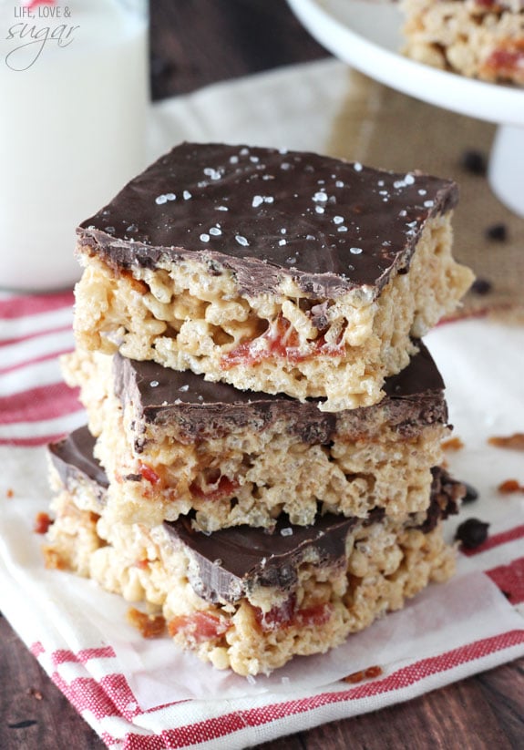 Maple Bacon Rice Krispie Treats stacked