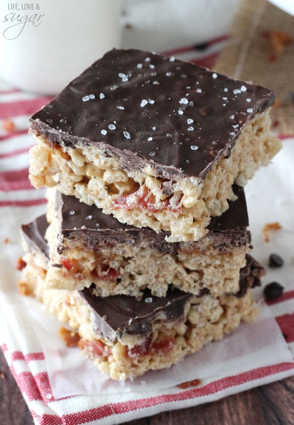 Maple Bacon Rice Krispie Treats stacked