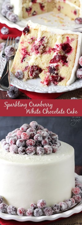 Sparkling Cranberry White Chocolate Cake - super moist vanilla cake full of fresh cranberries, iced with white chocolate icing and topped with sparking cranberries!