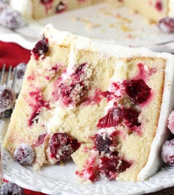 Sparkling Cranberry White Chocolate Bundt Cake slice on white plate