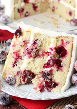 Sparkling Cranberry White Chocolate Bundt Cake slice on white plate