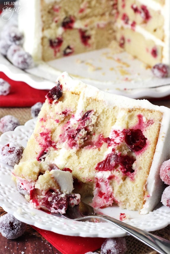 Sparkling Cranberry White Chocolate Cake slice on a plate