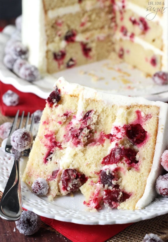 Sparkling Cranberry White Chocolate Cake slice on a plate