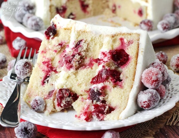 Sparkling Cranberry White Chocolate Cake slice on a plate