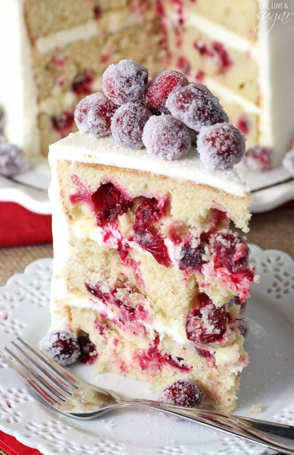 Sparkling Cranberry White Chocolate Cake slice on a plate