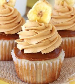 Banoffee Cupcakes on burlap close up