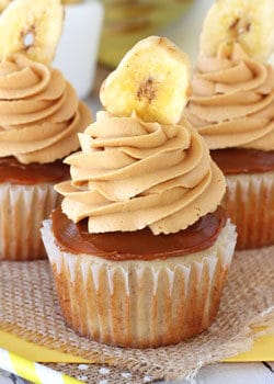 Banoffee Cupcakes on burlap close up