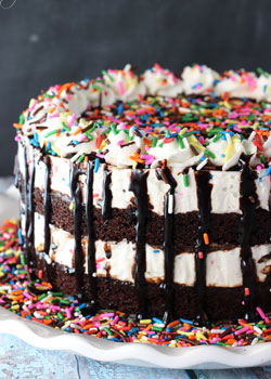 A brownie cake batter ice cream cake on a white cake stand on top of a dining table
