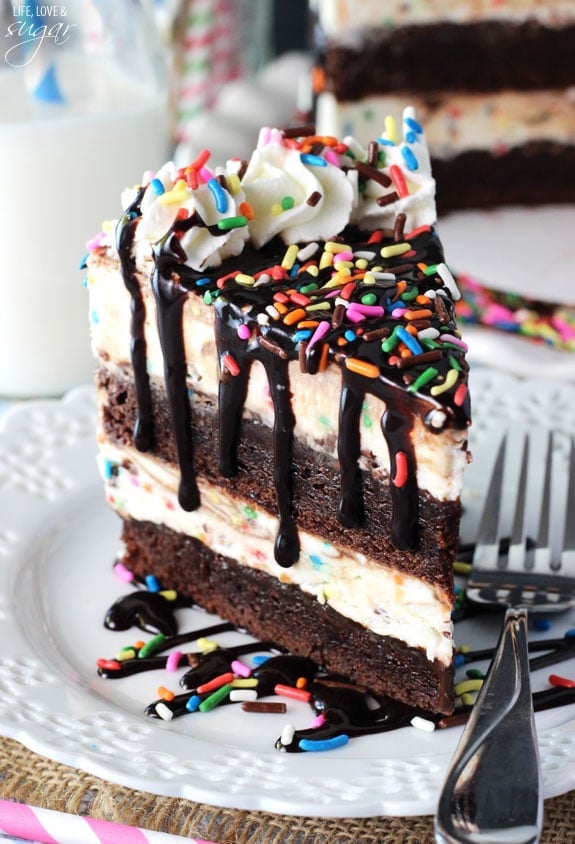 Cake Batter Fudge Brownie Ice Cream Cake slice on a plate