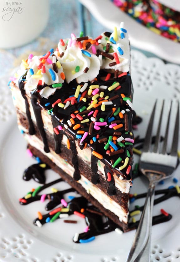 Cake Batter Fudge Brownie Ice Cream Cake slice on a plate