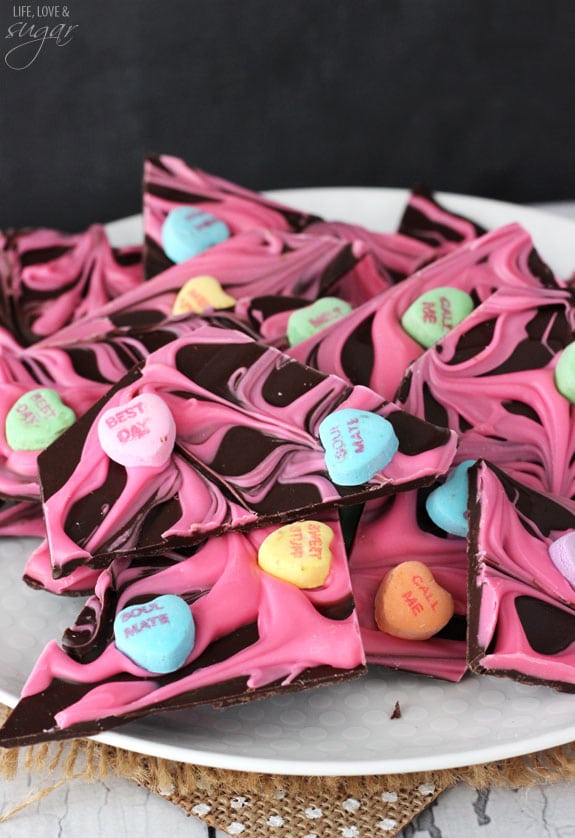 Conversation Heart Chocolate Bark pieces on a plate
