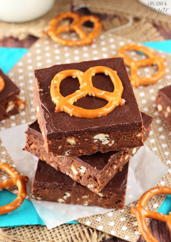 No Bake Nutella Pretzel Bars  stacked on burlap