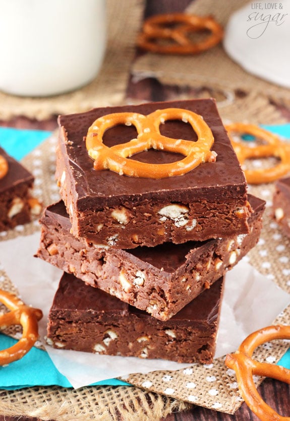 Nutella Pretzel Bars stacked on burlap