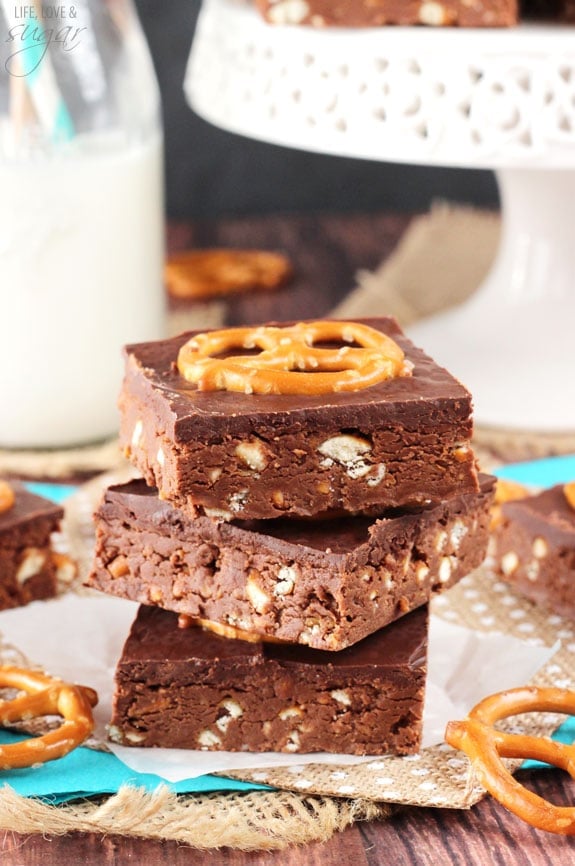 No Bake Nutella Pretzel Bars stacked on burlap