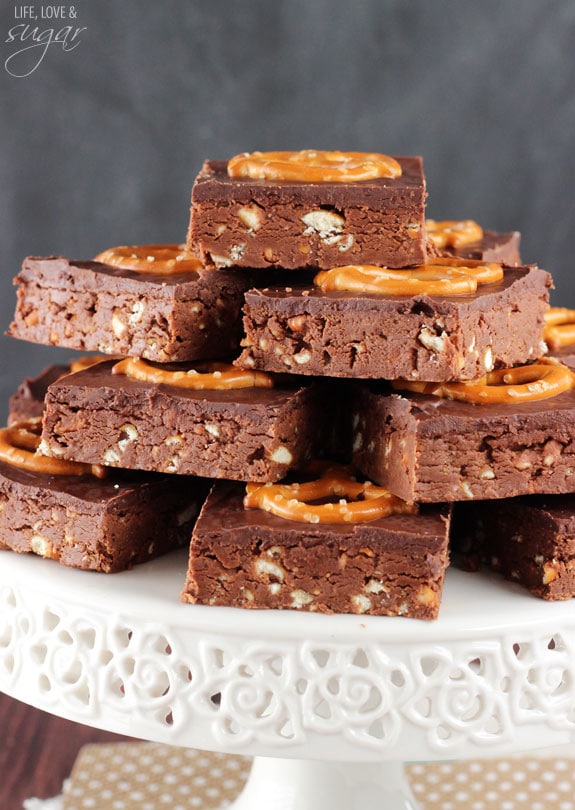 Nutella Pretzel Bars stacked on a cake stand