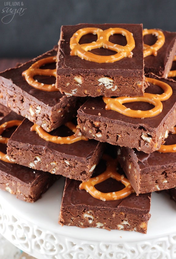 No Bake Nutella Pretzel Bars stacked on a cake tray