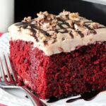 Nutella Red Velvet Poke Cake on white plate