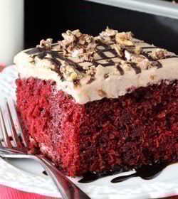 Nutella Red Velvet Poke Cake on white plate