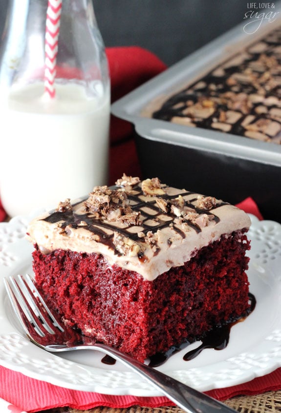 Nutella Red Velvet Poke Cake slice on a plate