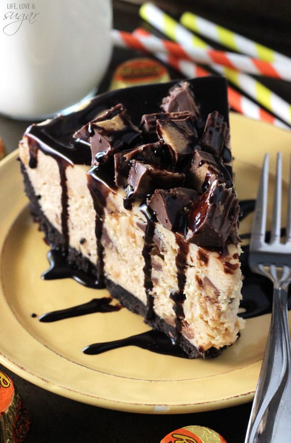 No Bake Reese's Peanut Butter Cheesecake! Full of chopped Reese's and peanut butter!