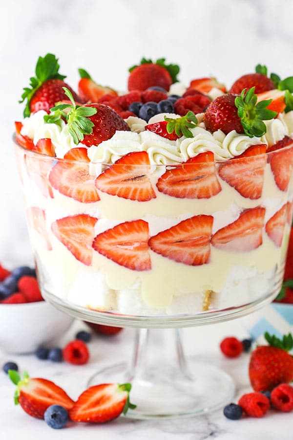 Triple Berry Trifle in clear trifle dish with berries around the bottom