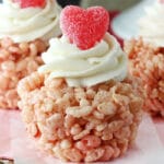 A Valentine's Day Rice Krispie Treat Cupcake on a pink napkin