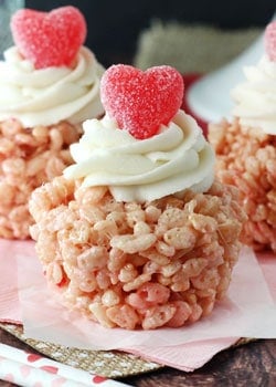 A Valentine's Day Rice Krispie Treat Cupcake on a pink napkin