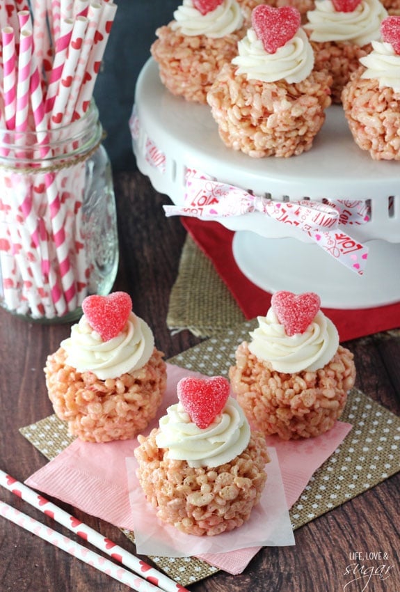 Valentine's Day Rice Krispie Treat Cupcakes on festive napkins and a white platter